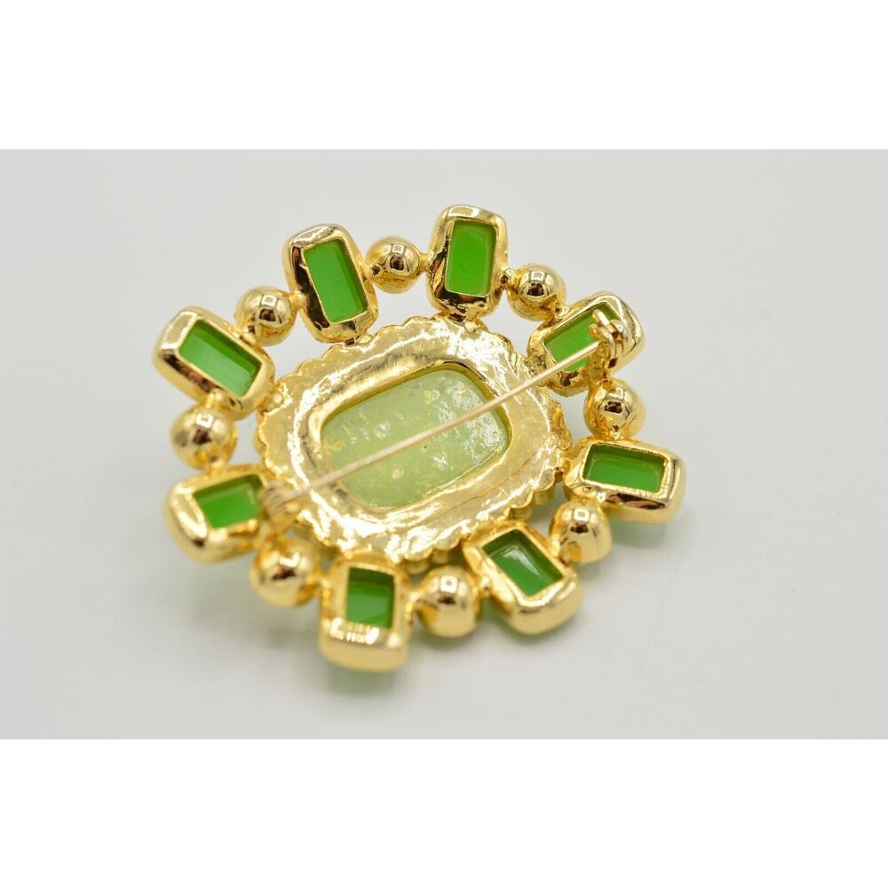 Statement Pin Brooch Multi-Tone Green Rhinestone Jeweled Opaline Gold Tone BinF - Picture 9 of 9